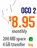 OGO 2 $8.95 monthly - 200 MB space, 4 GB transfer